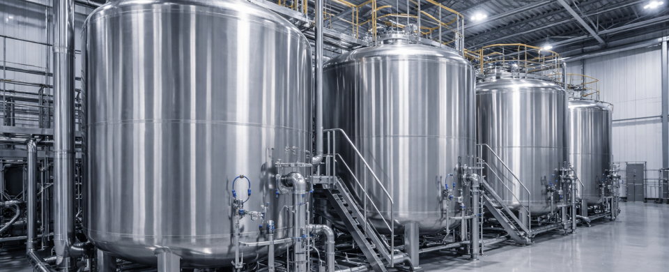 Industrial stainless steel storage tanks